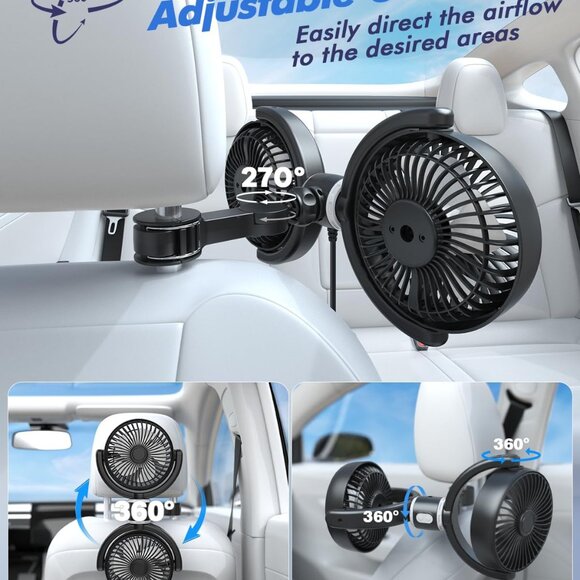 Dual Car Cooling Fans for Backseat 3 Speed Separate Controlled Quiet Brushless - Picture 8 of 9
